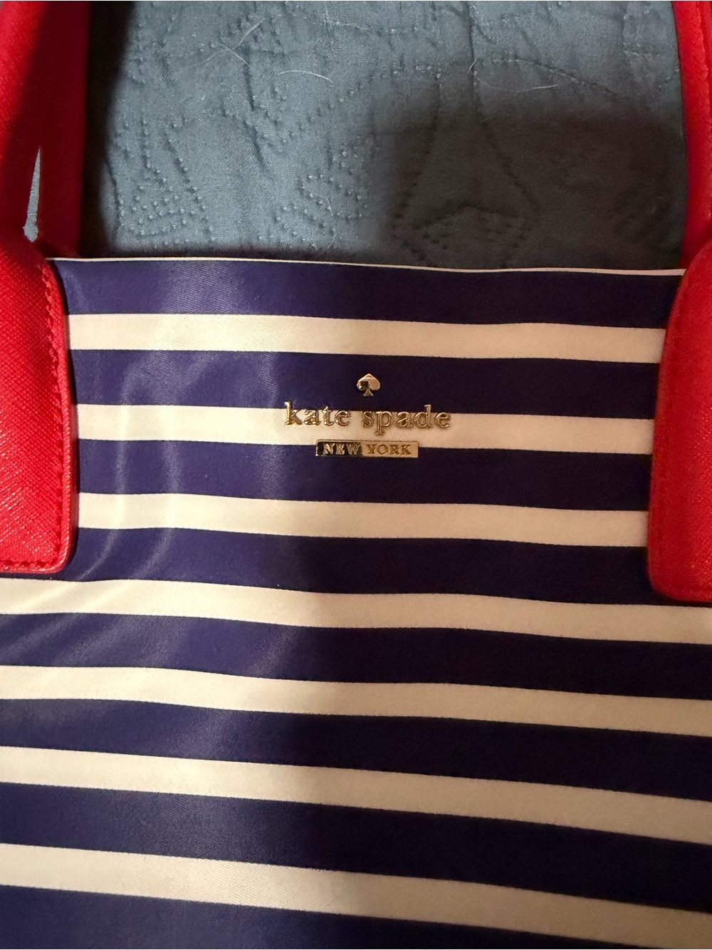 kate spade Navy and White Striped Tote with Red Handles
